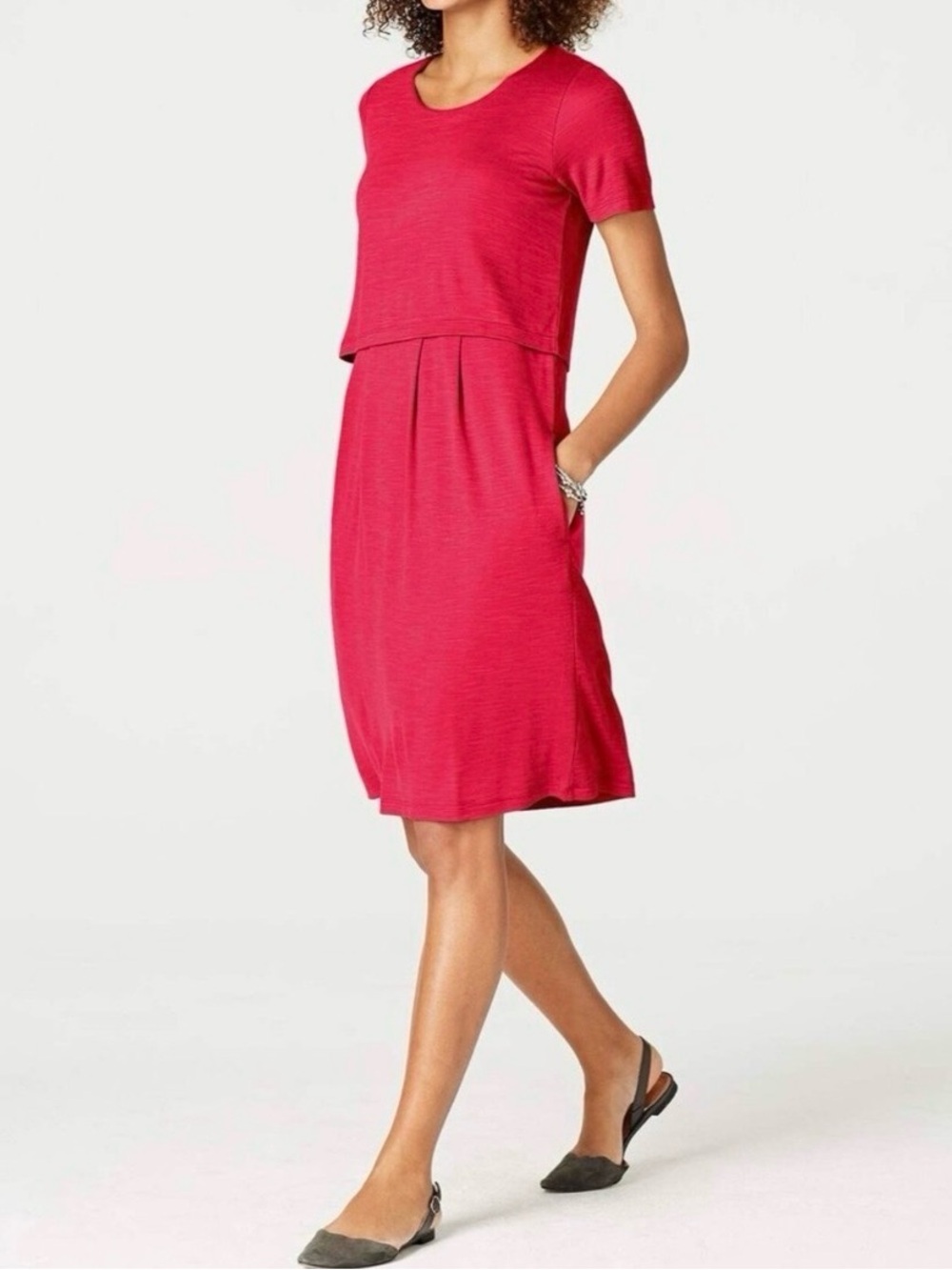 J. Jill | Red Slub Knit Rayon/Spandex Two-Layer Bodice Short-Sleeve Dress Sz XS